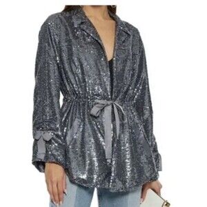 Cinq a Sept Mathieu Sequin Jacket Gunmetal Silver Metallic Tie Satin Size M